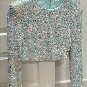 Iridescent Sequin Long-Sleeve Crop Top - Mint